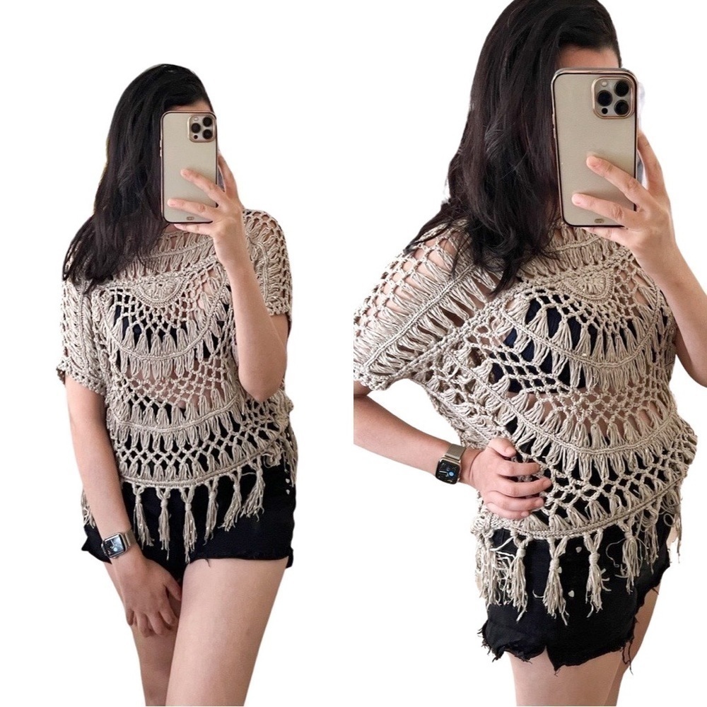 ANTHROPOLOGIE GREYLIN Crochet Short Sleeve Fringe Boho Taupe Top XS